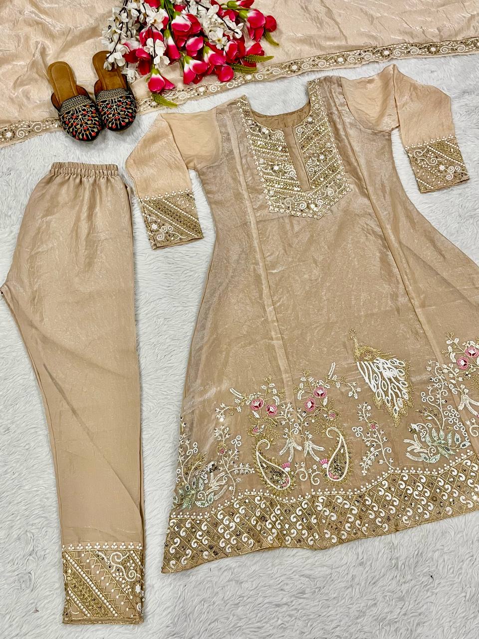 Bollywood Style Beige Color Fandy Silk With Heavy Embroidery Sequence Work Anarkali Suit