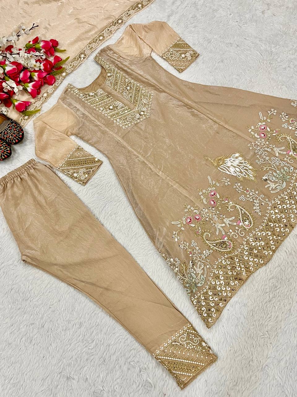 Bollywood Style Beige Color Fandy Silk With Heavy Embroidery Sequence Work Anarkali Suit