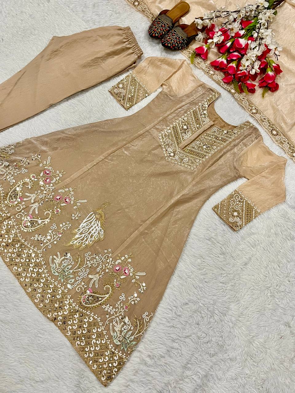 Bollywood Style Beige Color Fandy Silk With Heavy Embroidery Sequence Work Anarkali Suit
