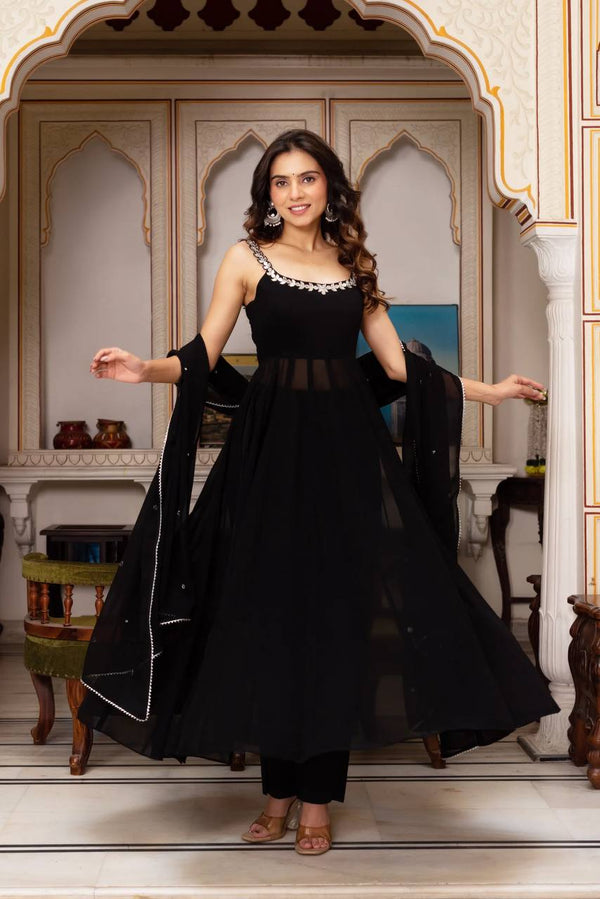 Function Wear Black Color Faux Georgette Handwork With Real Mirror Work Palazzo Suit