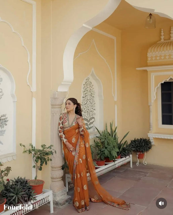 Wedding Wear Mustard Color Butterfly Net Embroidery Work Designer Saree