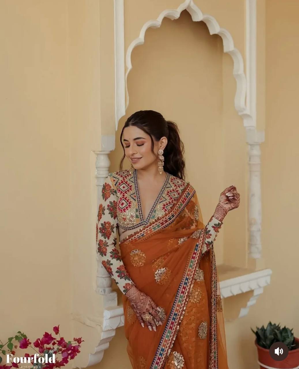 Wedding Wear Mustard Color Butterfly Net Embroidery Work Designer Saree