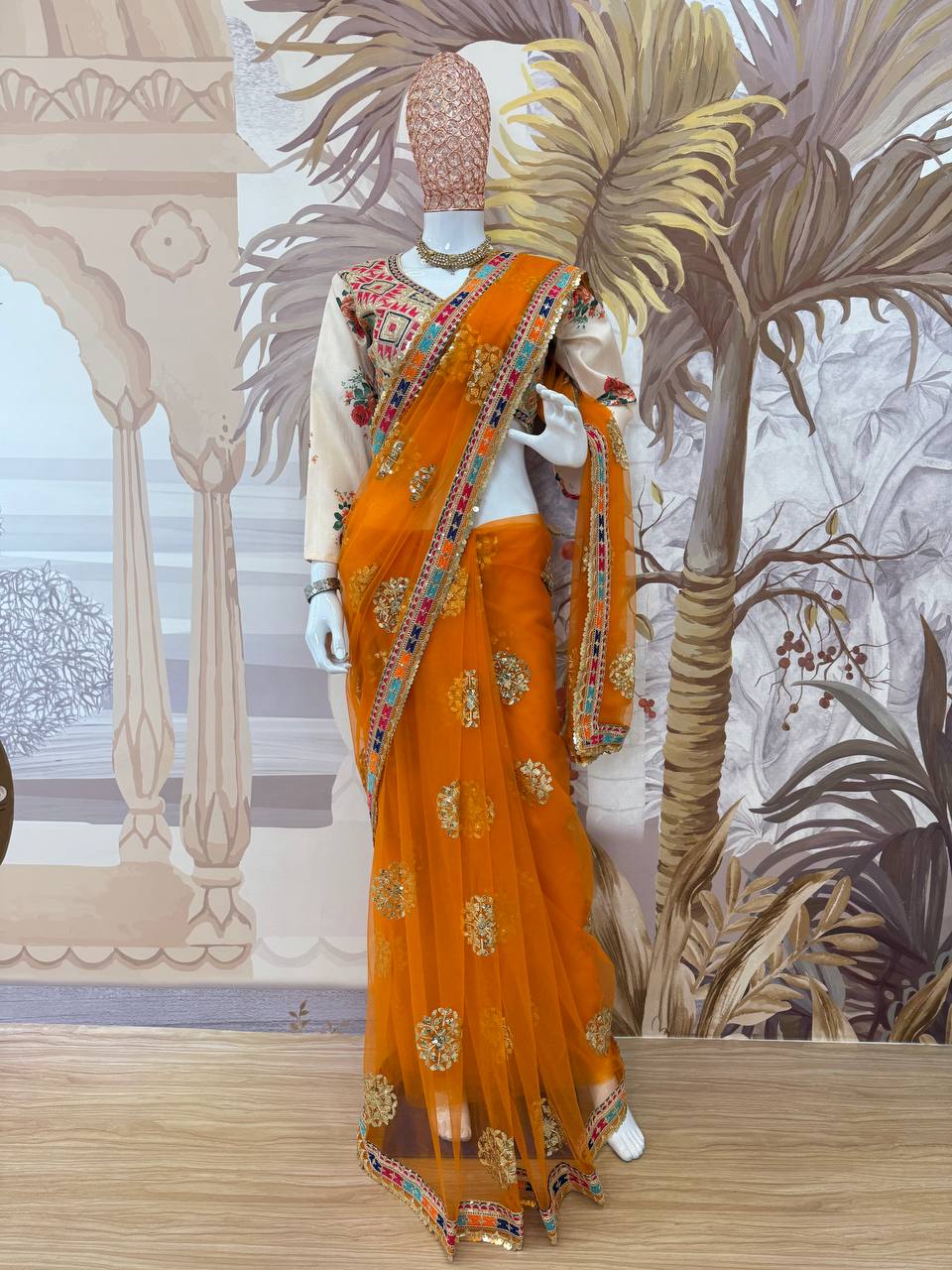 Wedding Wear Mustard Color Butterfly Net Embroidery Work Designer Saree