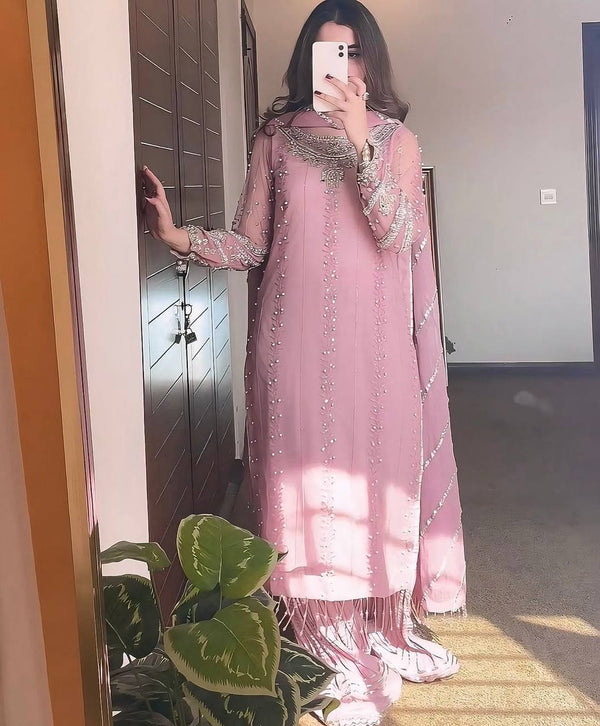 Celebrity Style Dusty Pink Color Heavy Faux Georgette With Heavy Embroidery Sequence Work Palazzo Suit
