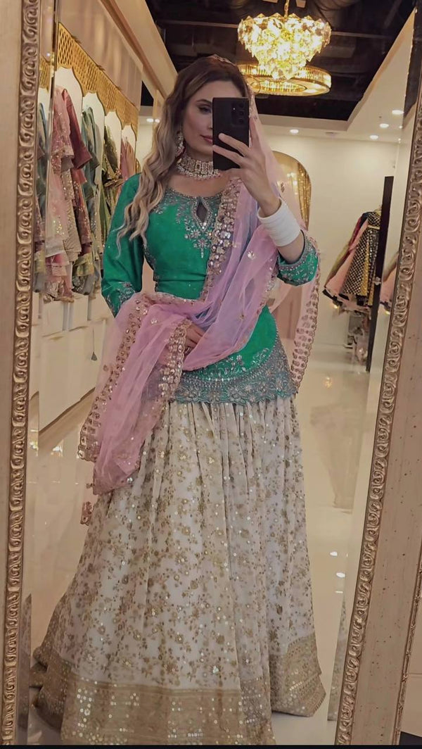 Occasion Wear Green Color Heavy Chinon silk with Sequence Embroidery Work Lehenga With Top