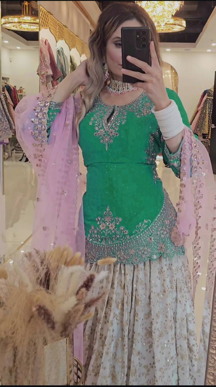 Occasion Wear Green Color Heavy Chinon silk with Sequence Embroidery Work Lehenga With Top