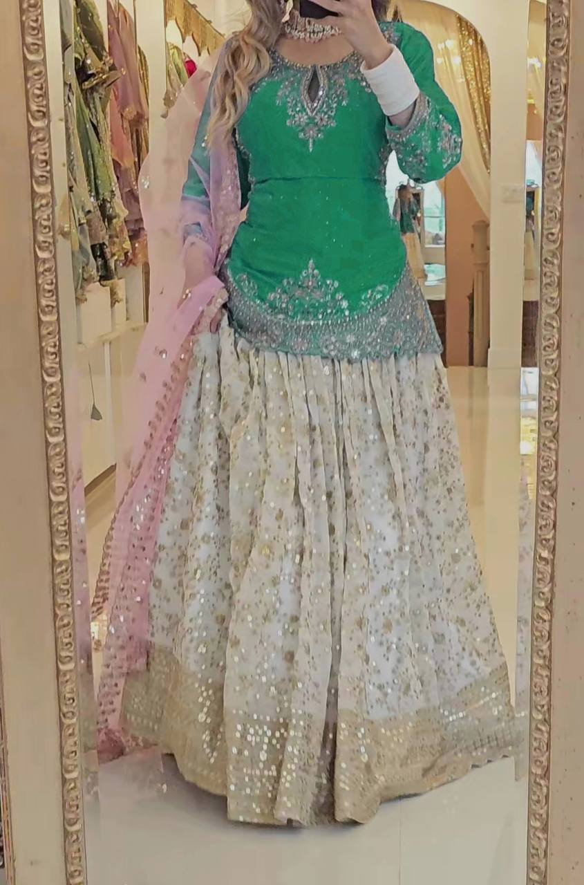 Occasion Wear Green Color Heavy Chinon silk with Sequence Embroidery Work Lehenga With Top