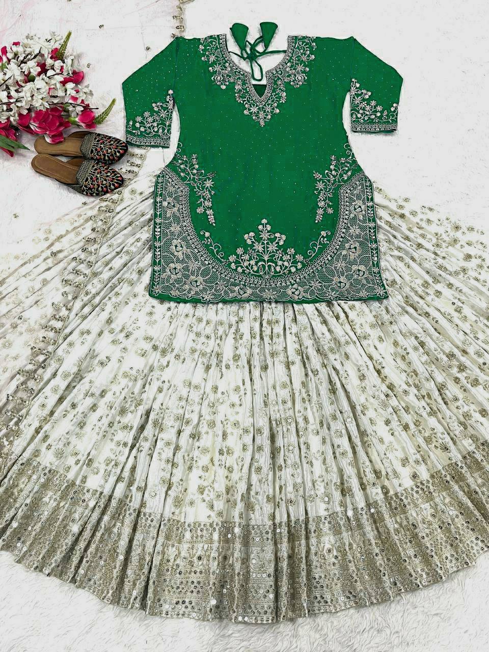 Occasion Wear Green Color Heavy Chinon silk with Sequence Embroidery Work Lehenga With Top