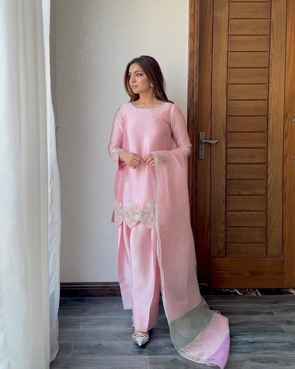 Exclusive Baby Pink Color Heavy Natural Creap Heavy Embroidered Sequence Work Palazzo Suit