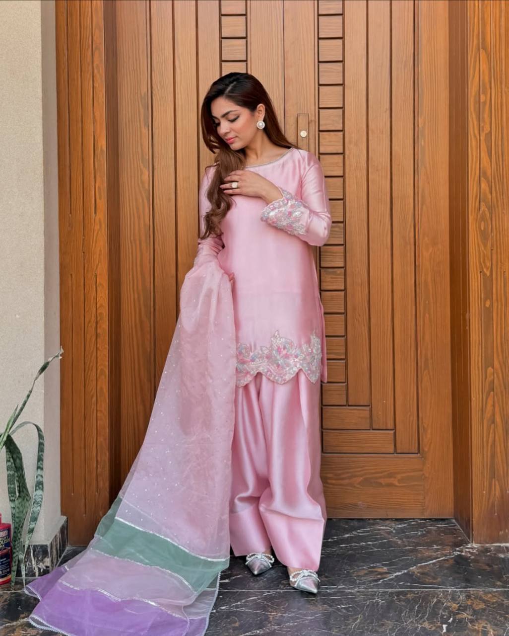 Exclusive Baby Pink Color Heavy Natural Creap Heavy Embroidered Sequence Work Palazzo Suit