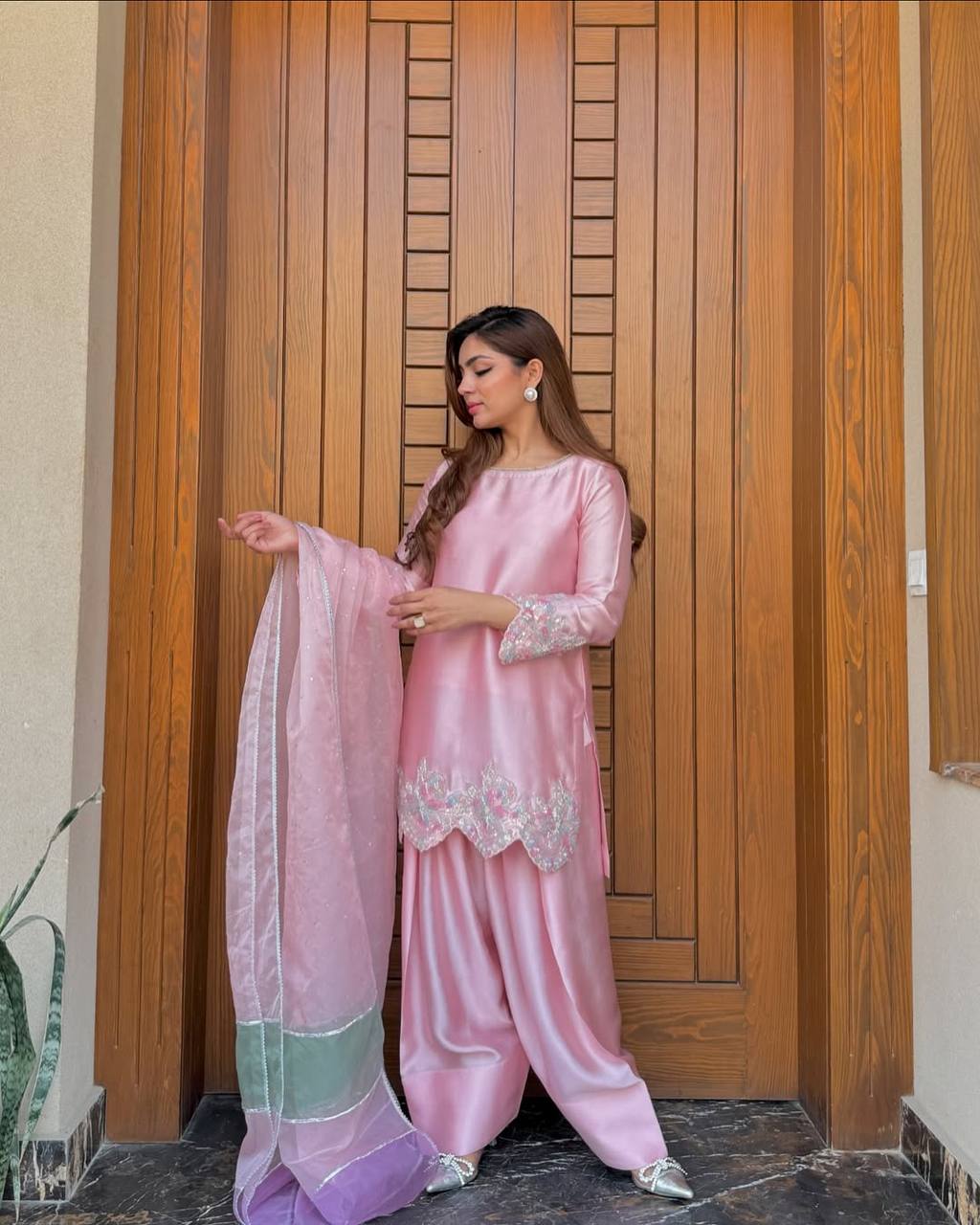 Exclusive Baby Pink Color Heavy Natural Creap Heavy Embroidered Sequence Work Palazzo Suit