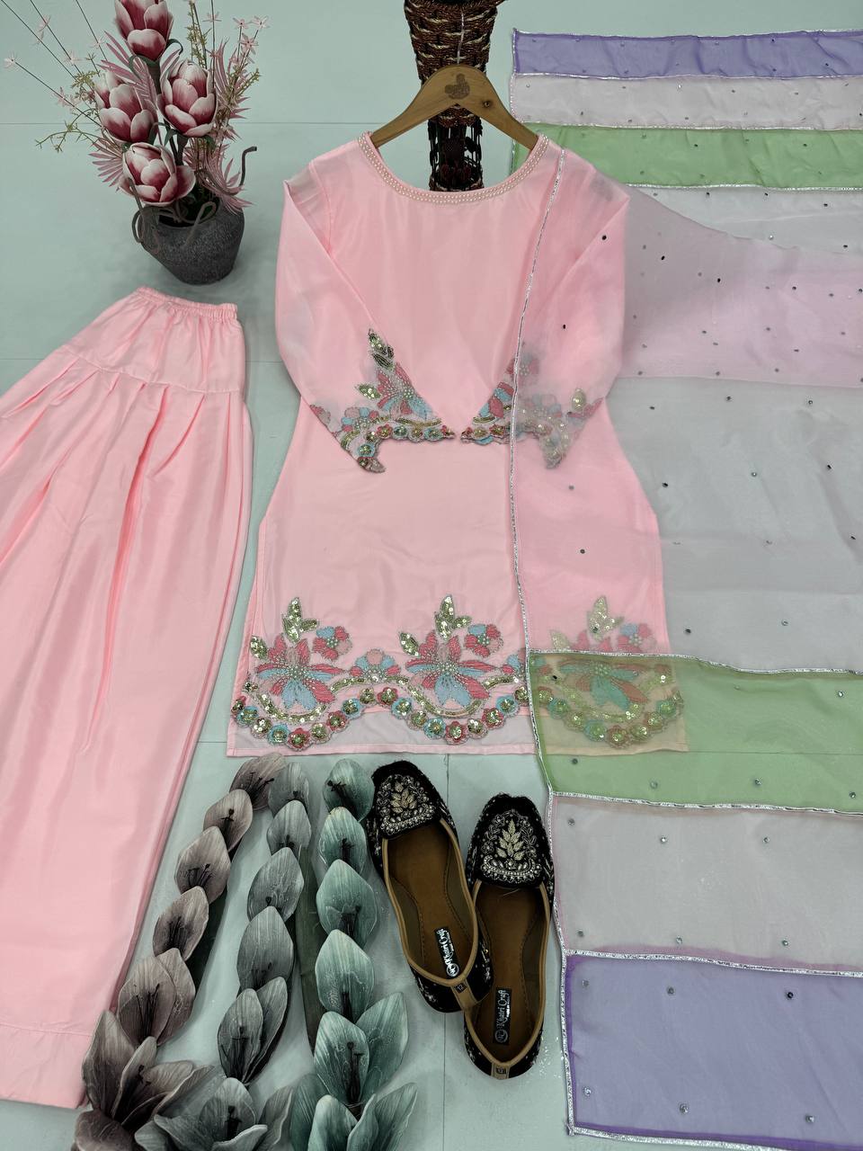 Exclusive Baby Pink Color Heavy Natural Creap Heavy Embroidered Sequence Work Palazzo Suit