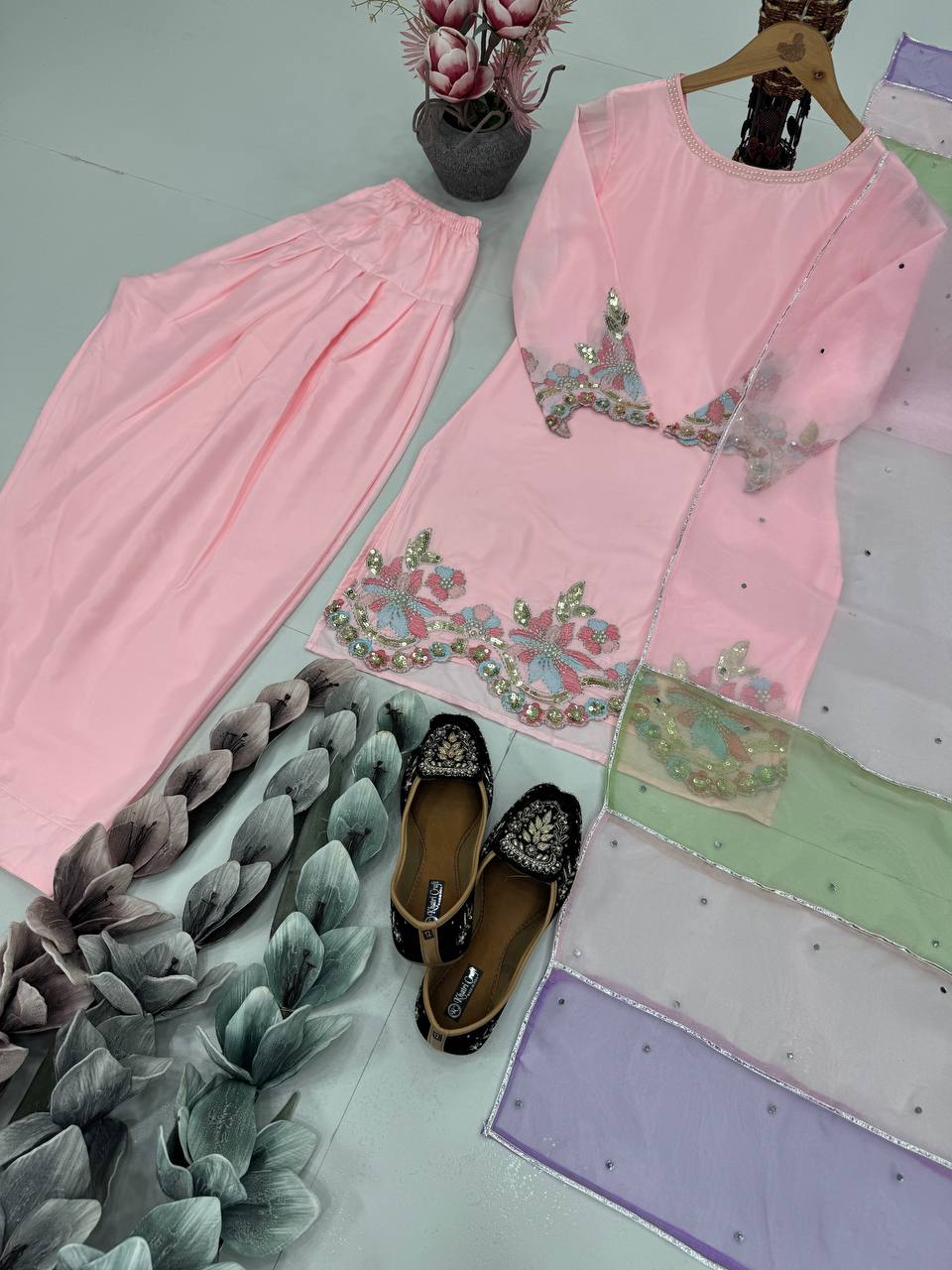 Exclusive Baby Pink Color Heavy Natural Creap Heavy Embroidered Sequence Work Palazzo Suit