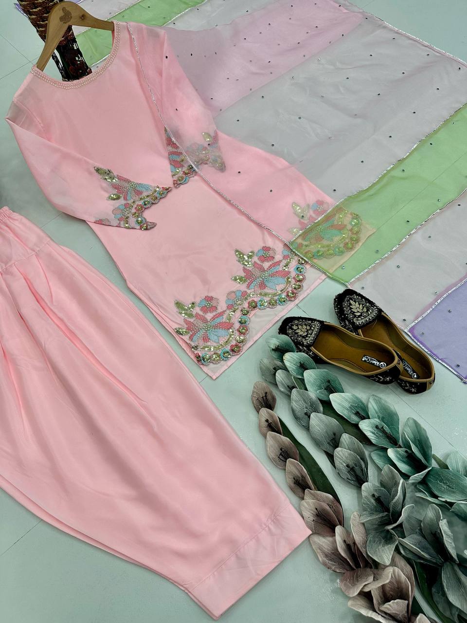 Exclusive Baby Pink Color Heavy Natural Creap Heavy Embroidered Sequence Work Palazzo Suit