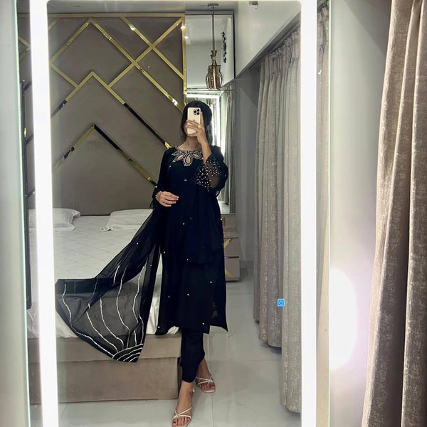 Beautiful Black Color Embroidery With Beads And Sequence Work Salwar Suit