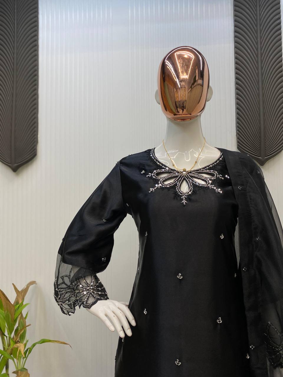 Beautiful Black Color Embroidery With Beads And Sequence Work Salwar Suit