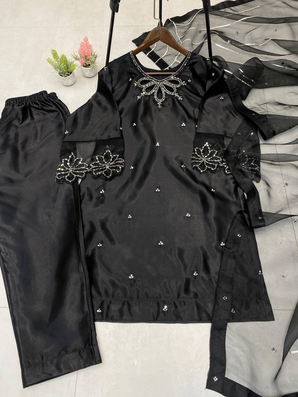 Beautiful Black Color Embroidery With Beads And Sequence Work Salwar Suit