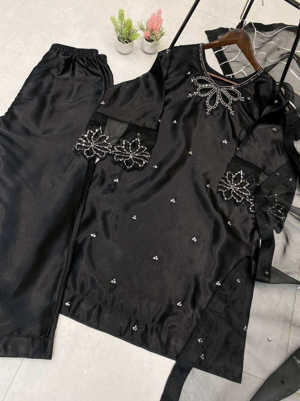 Beautiful Black Color Embroidery With Beads And Sequence Work Salwar Suit