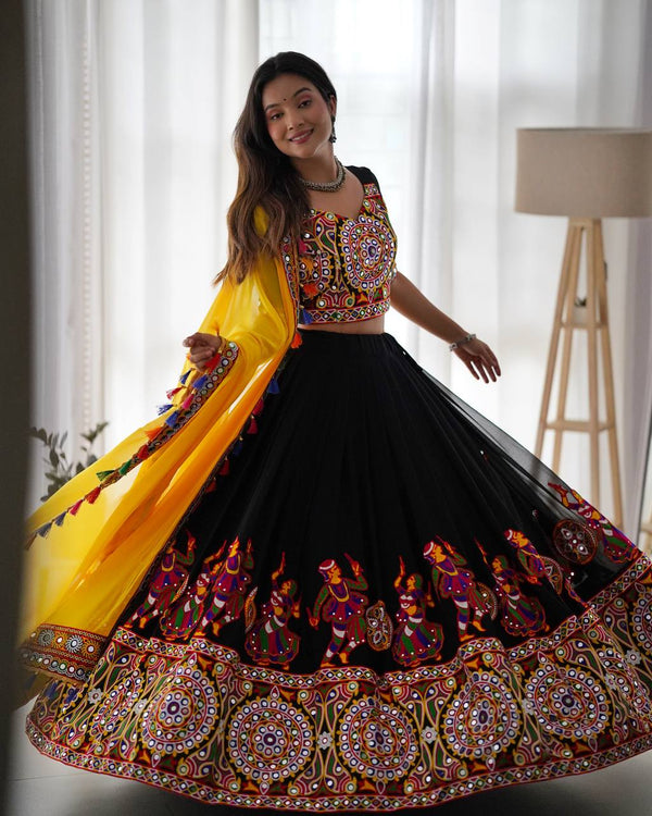 Navratri Wear Black Color Faux Georgette Chain-Stitch With Mirror Work Lehenga Choli