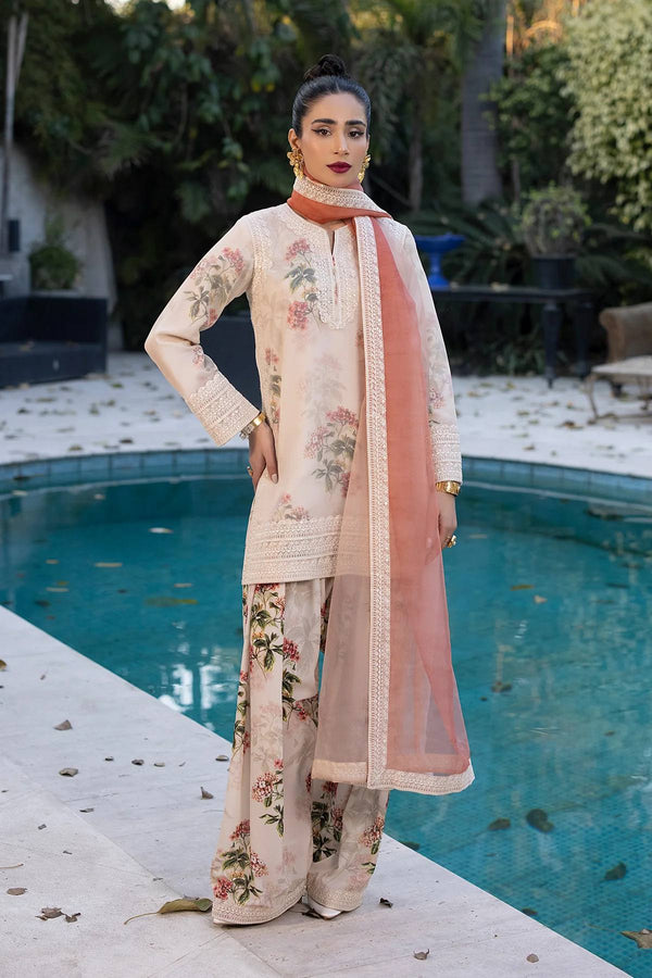 Trendy Cream Color Pure Chifon Georgette With Digital Printed Embroidery Work Palazzo Suit
