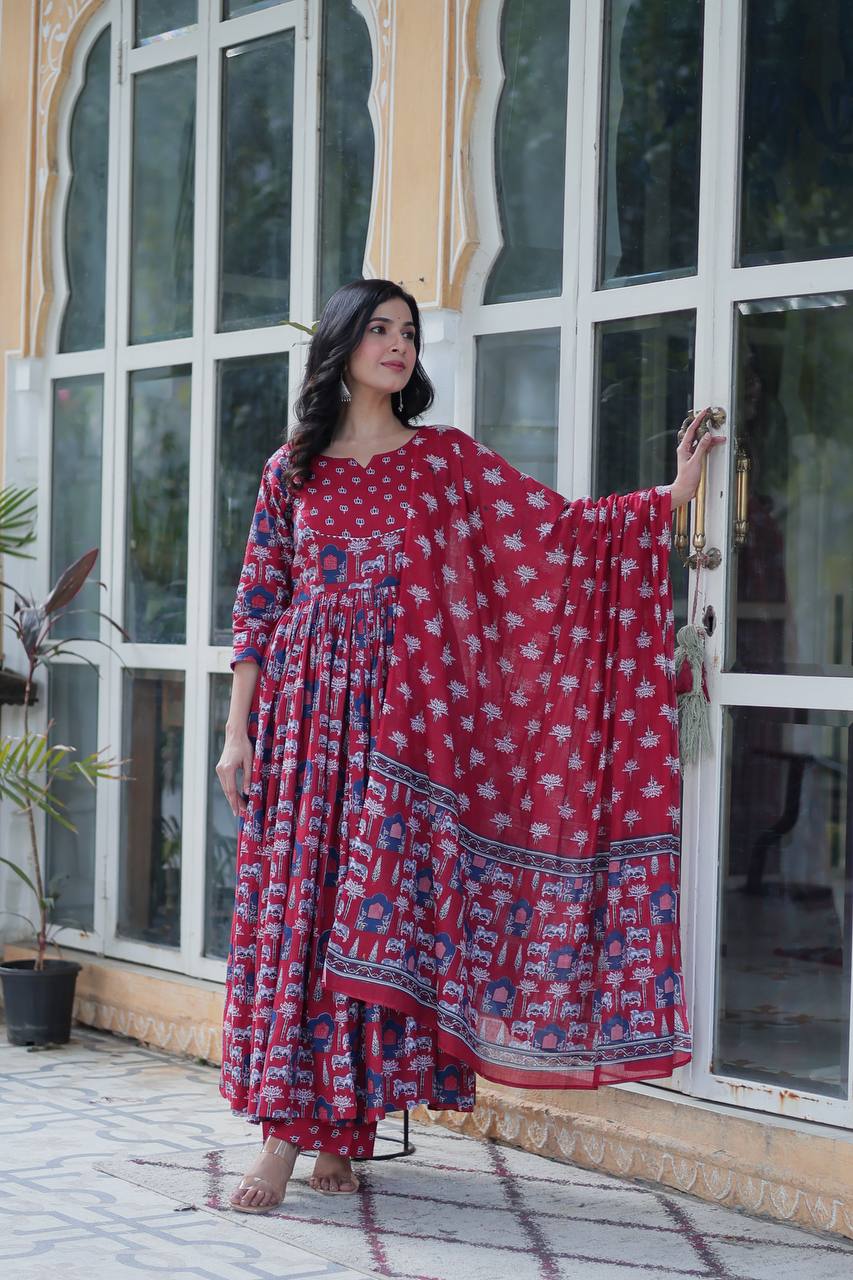 Marriage Special Red Color Pure Cotton Fancy Round Neck Kurti With Palazzo