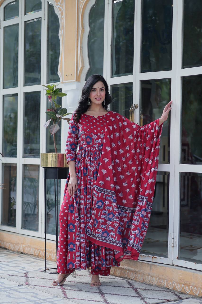 Marriage Special Red Color Pure Cotton Fancy Round Neck Kurti With Palazzo