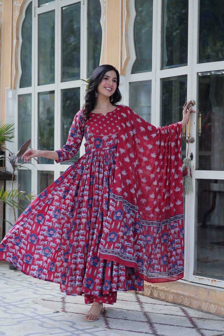 Marriage Special Red Color Pure Cotton Fancy Round Neck Kurti With Palazzo