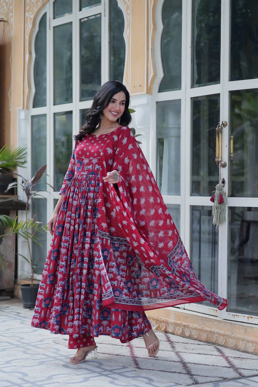 Marriage Special Red Color Pure Cotton Fancy Round Neck Kurti With Palazzo