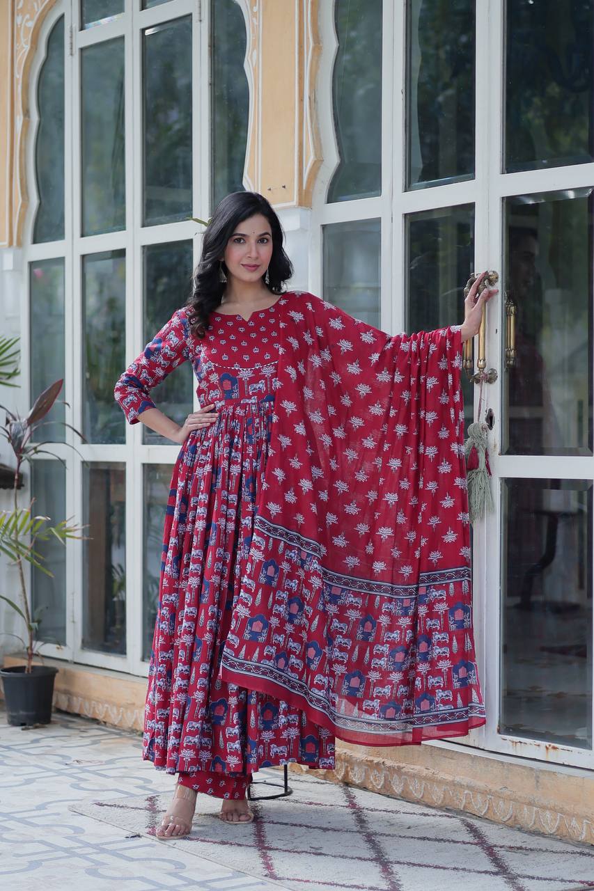 Marriage Special Red Color Pure Cotton Fancy Round Neck Kurti With Palazzo