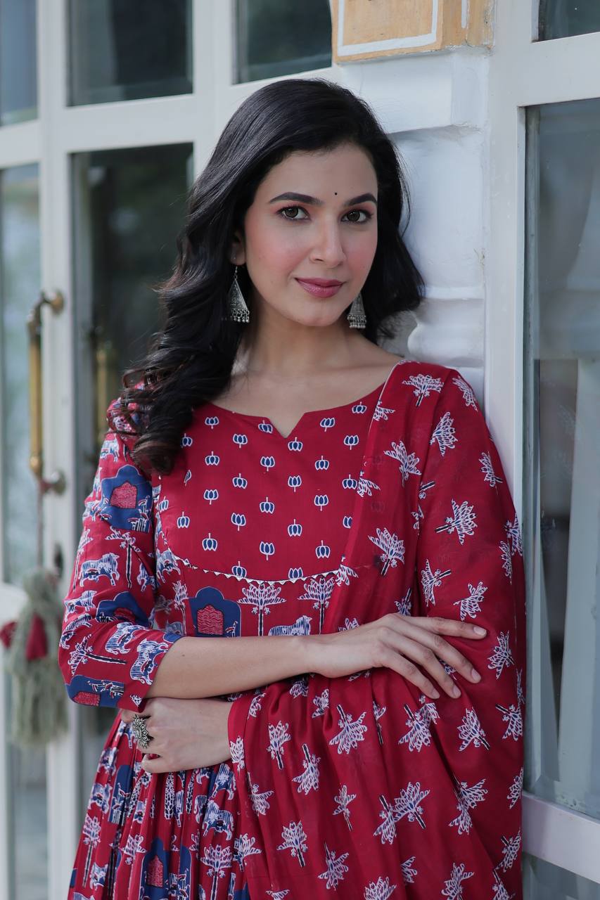 Marriage Special Red Color Pure Cotton Fancy Round Neck Kurti With Palazzo