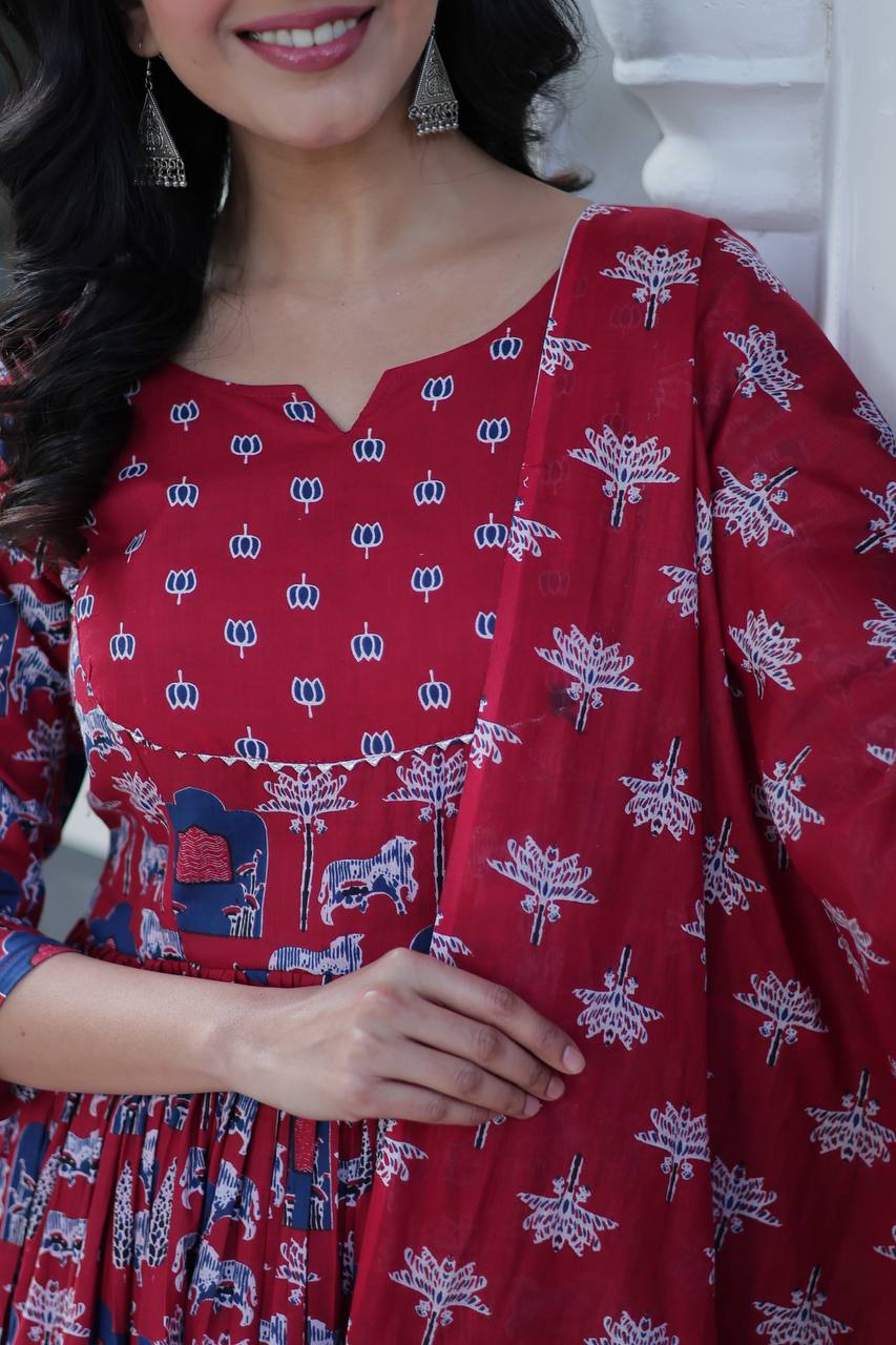 Marriage Special Red Color Pure Cotton Fancy Round Neck Kurti With Palazzo