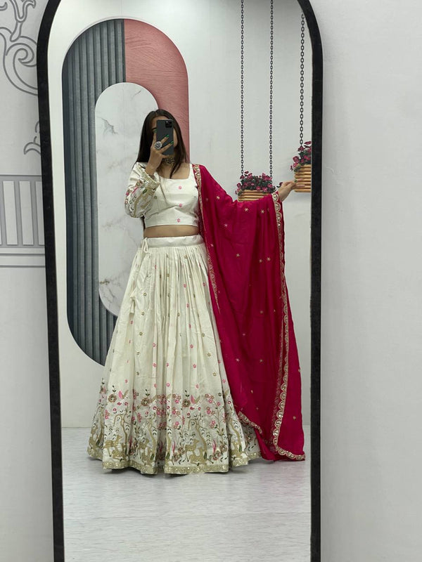 Function Wear White Color Pure Vichitra Heavy Embroidery Sequence Work Lehenga Choli