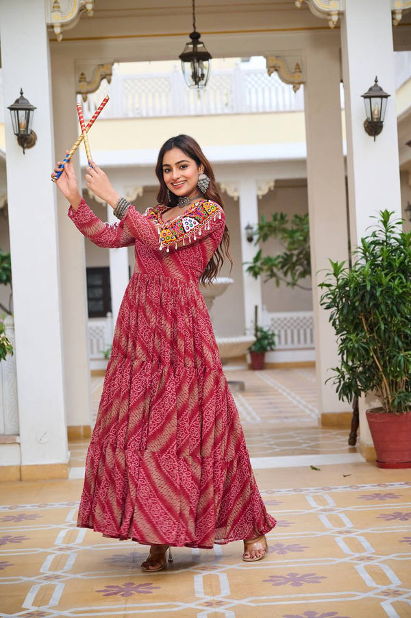 Navratri Collection Dark Pink Faux Georgette With Bandhni Printed Gamathi Work Gown