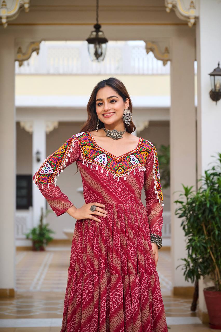 Navratri Collection Dark Pink Faux Georgette With Bandhni Printed Gamathi Work Gown