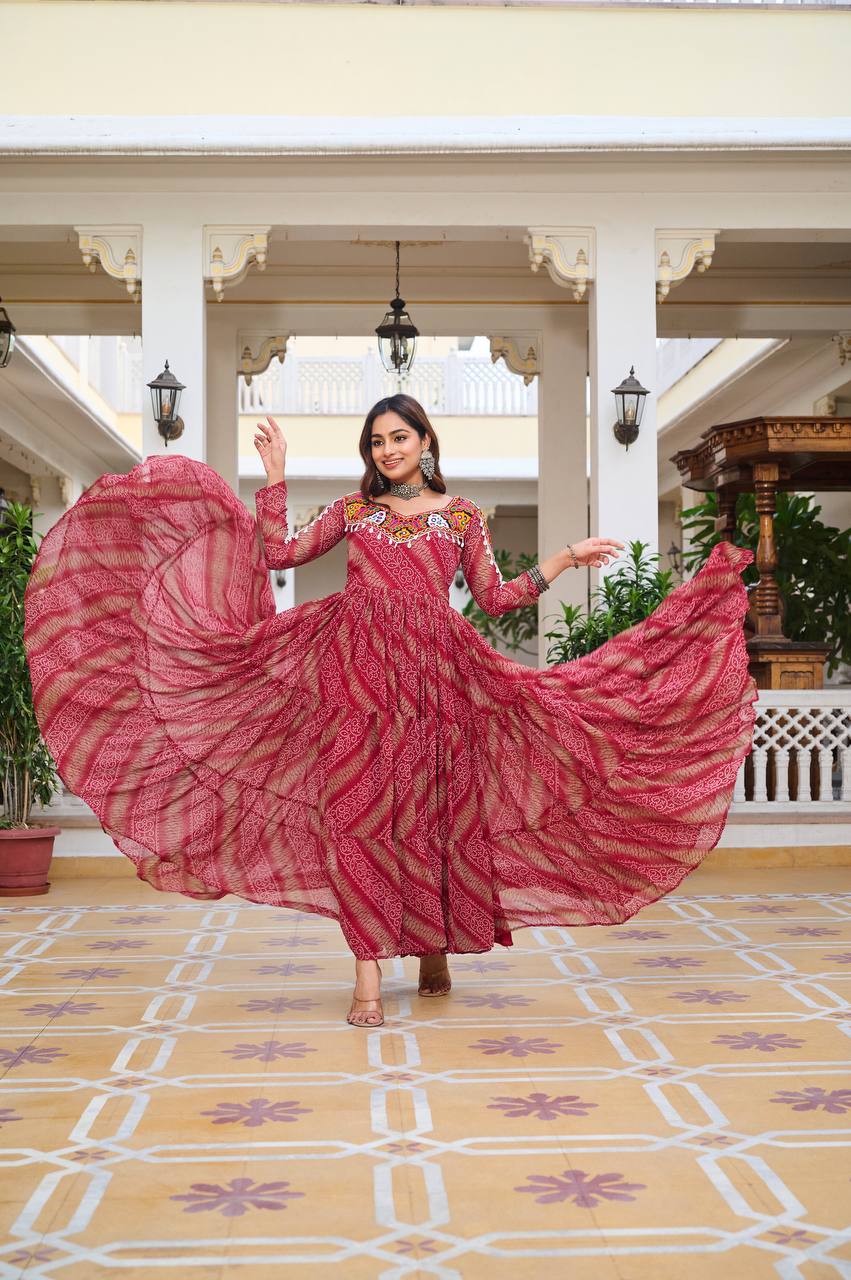 Navratri Collection Dark Pink Faux Georgette With Bandhni Printed Gamathi Work Gown