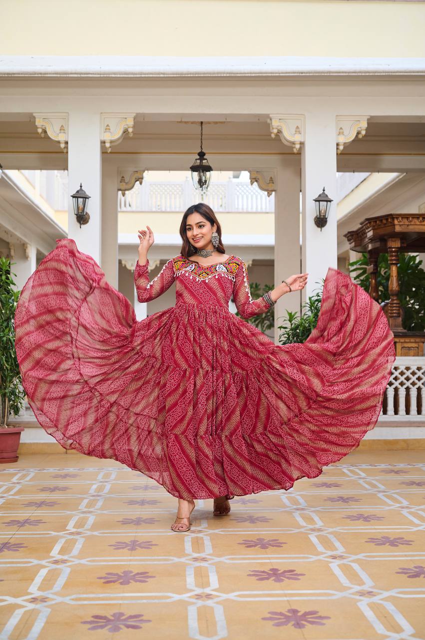 Navratri Collection Dark Pink Faux Georgette With Bandhni Printed Gamathi Work Gown
