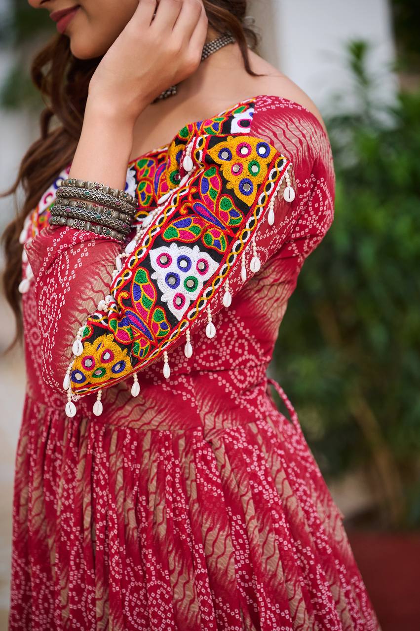 Navratri Collection Dark Pink Faux Georgette With Bandhni Printed Gamathi Work Gown