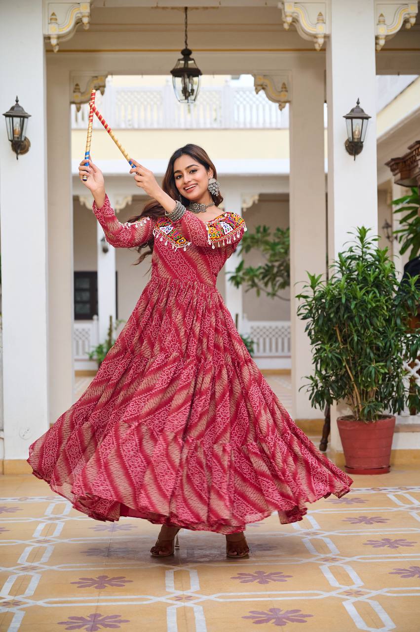 Navratri Collection Dark Pink Faux Georgette With Bandhni Printed Gamathi Work Gown