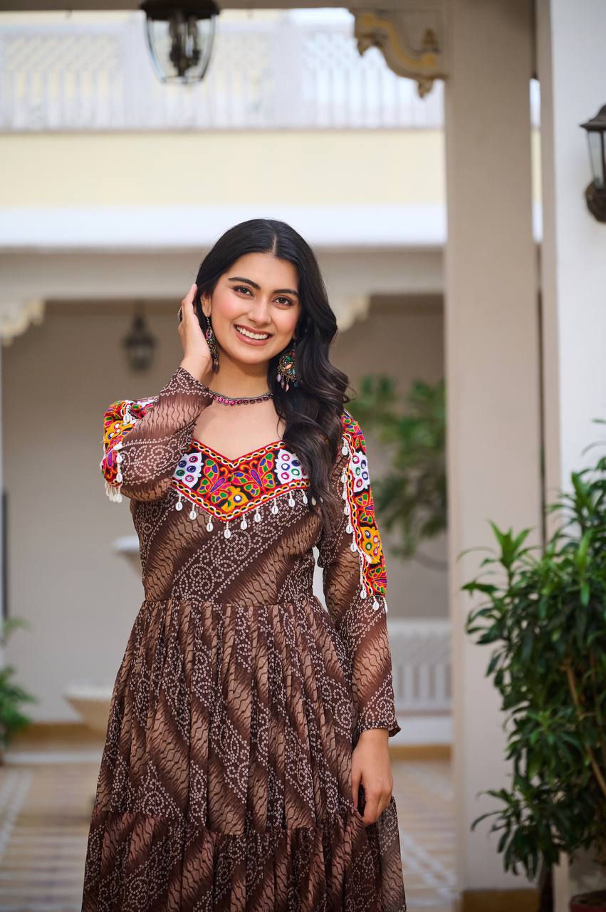 Navratri Collection Coffee Faux Georgette With Bandhni Printed Gamathi Work Gown