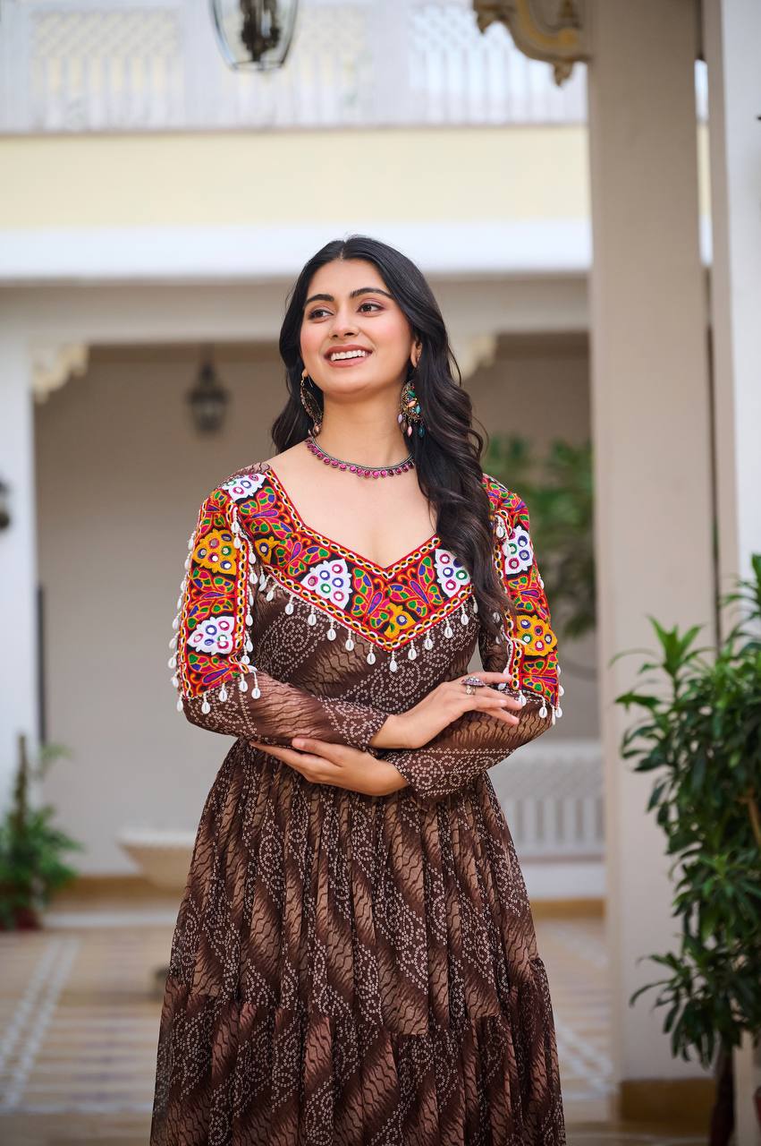 Navratri Collection Coffee Faux Georgette With Bandhni Printed Gamathi Work Gown
