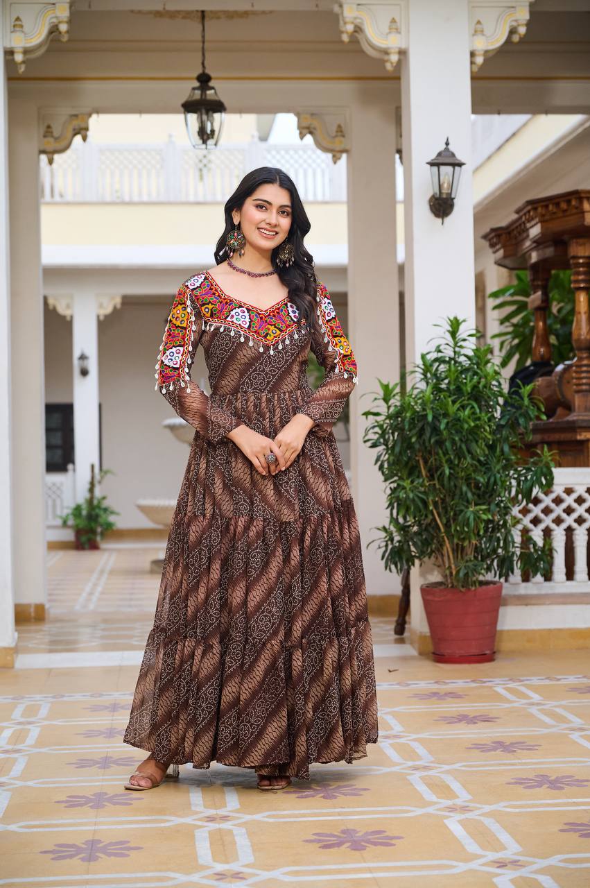 Navratri Collection Coffee Faux Georgette With Bandhni Printed Gamathi Work Gown
