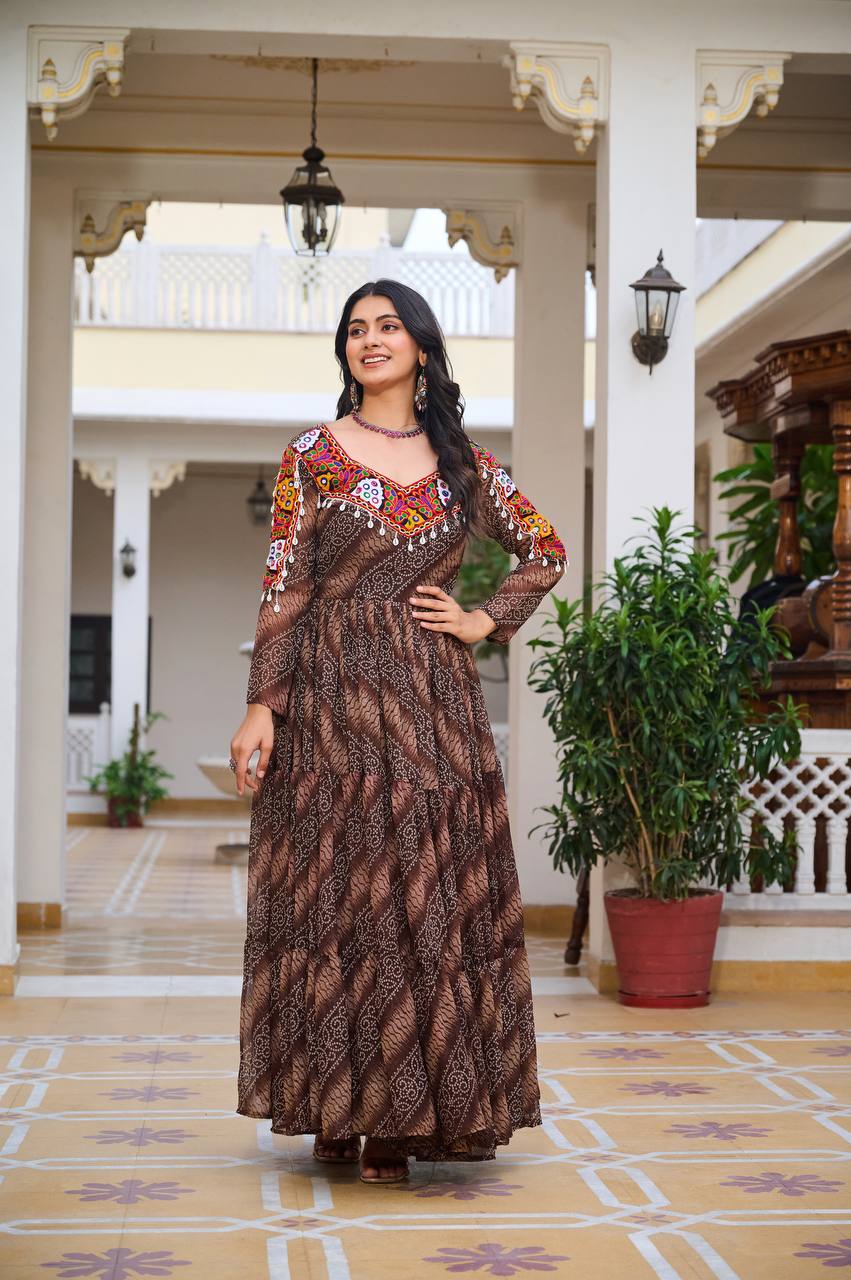 Navratri Collection Coffee Faux Georgette With Bandhni Printed Gamathi Work Gown