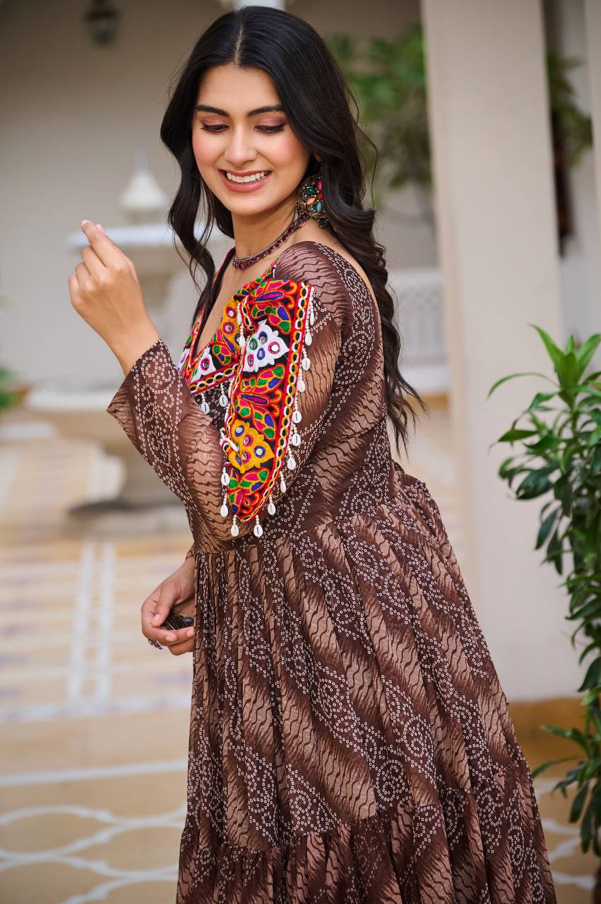 Navratri Collection Coffee Faux Georgette With Bandhni Printed Gamathi Work Gown