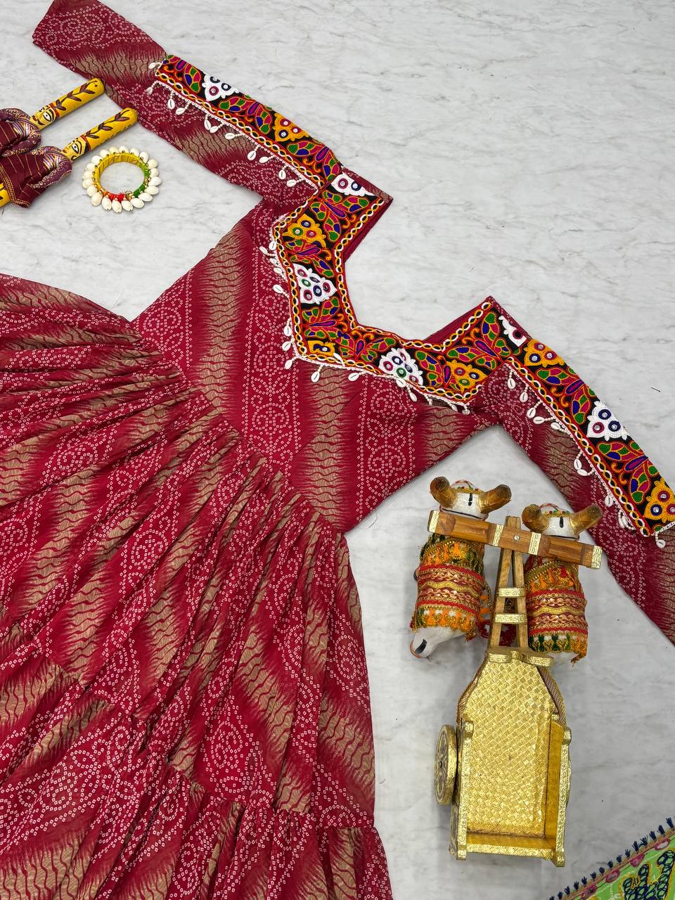 Navratri Collection Dark Pink Faux Georgette With Bandhni Printed Gamathi Work Gown