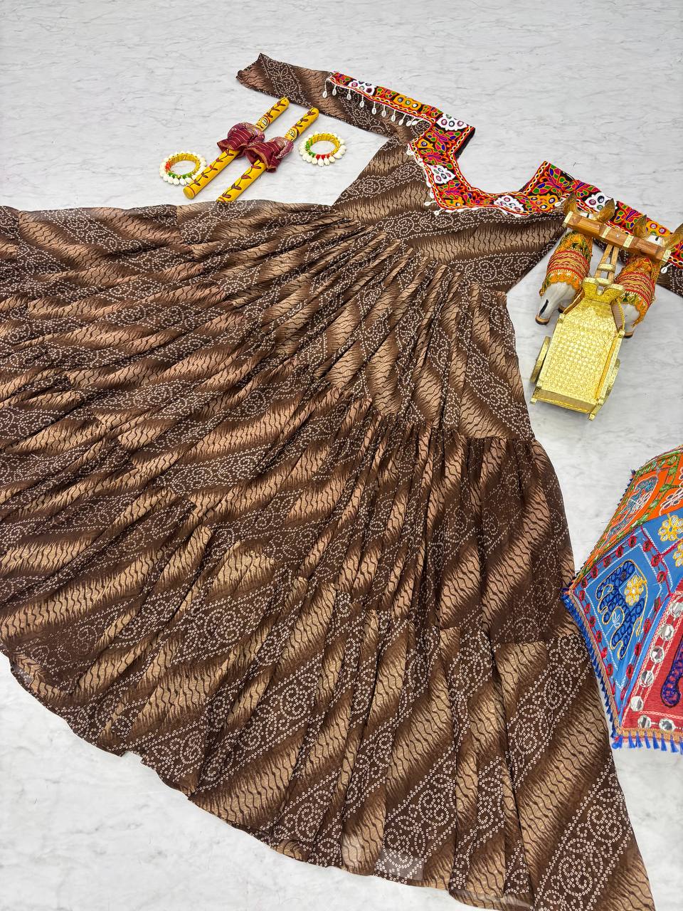 Navratri Collection Coffee Faux Georgette With Bandhni Printed Gamathi Work Gown