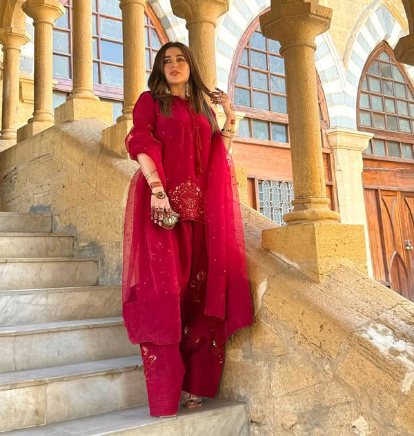 Party Wear Red Color Pure Natural Crep Silk With Embroidery Sequence Work Salwar Suit
