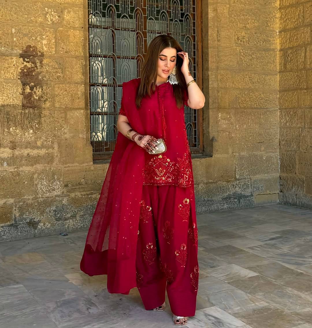 Party Wear Red Color Pure Natural Crep Silk With Embroidery Sequence Work Salwar Suit
