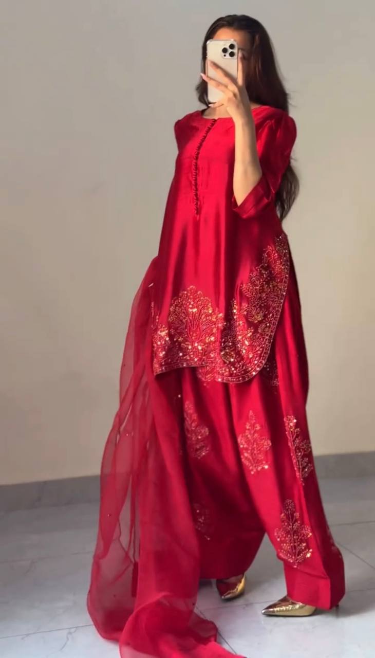 Party Wear Red Color Pure Natural Crep Silk With Embroidery Sequence Work Salwar Suit