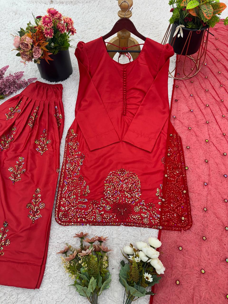 Party Wear Red Color Pure Natural Crep Silk With Embroidery Sequence Work Salwar Suit