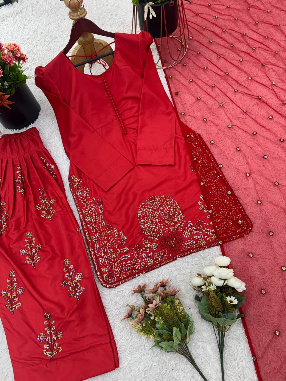 Party Wear Red Color Pure Natural Crep Silk With Embroidery Sequence Work Salwar Suit
